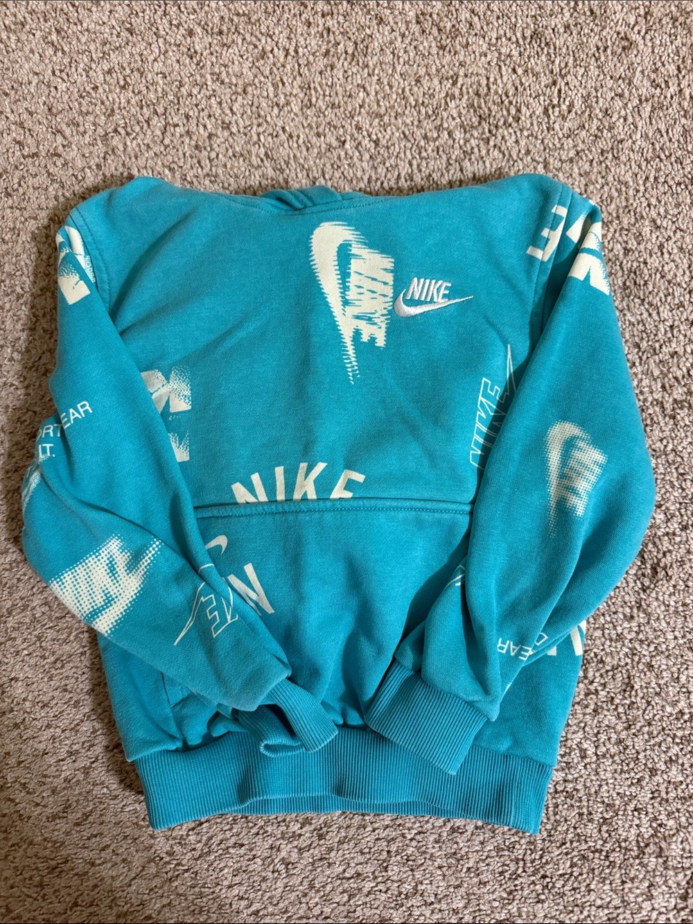 Unisex French Terry Kids Nike Teal All-Over Logo Hoodie | XS